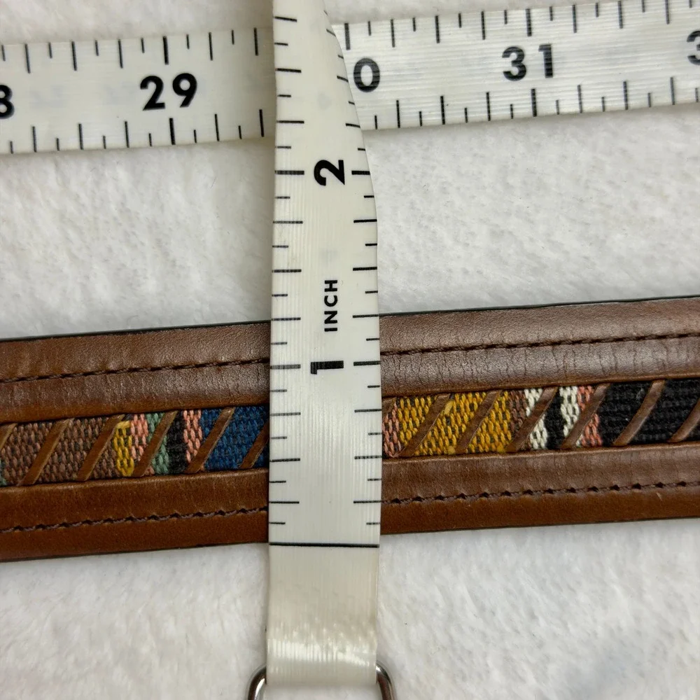 Columbia Brown Leather Belt Aztec Woven Tapestry Brass Buckle 44 L Gorpcore